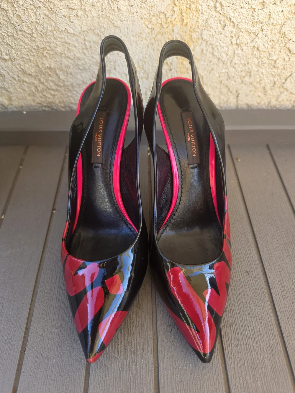 Authentic Louis Vuitton Black Graffiti Patent Leather Slingback Pumps Size 34.5